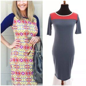 Lularoe Julia Dress Fitted Unicorn Stretch Color Block Print Blue Red Sz XS